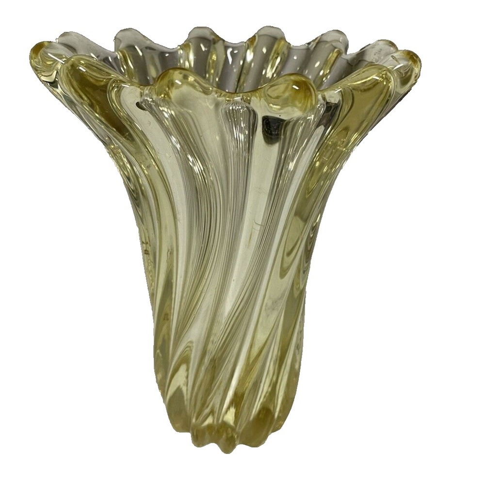 Vintage Handblown Glass Swung Swirl Vase  Yellow Retro‎ Mid Century Modern Art